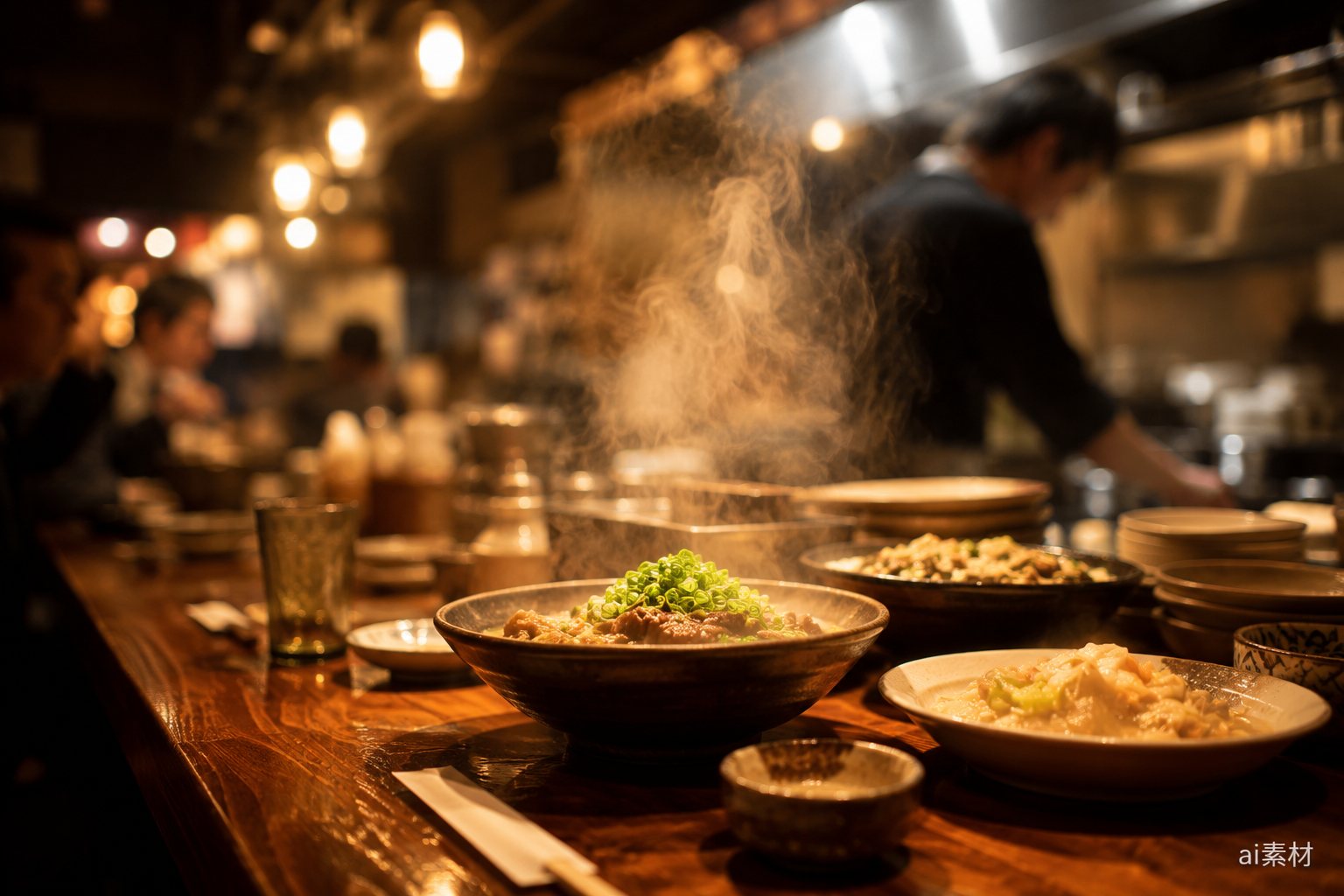 湯気の立つ飲食店のカウンター（AI生成素材）